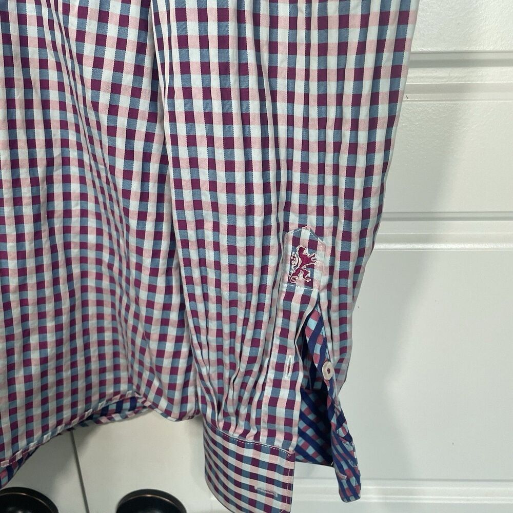 Bugatchi Button Down Shirt Mens XL Blue Pink Gingham Shaped Fit Cotton LS - Picture 3 of 9